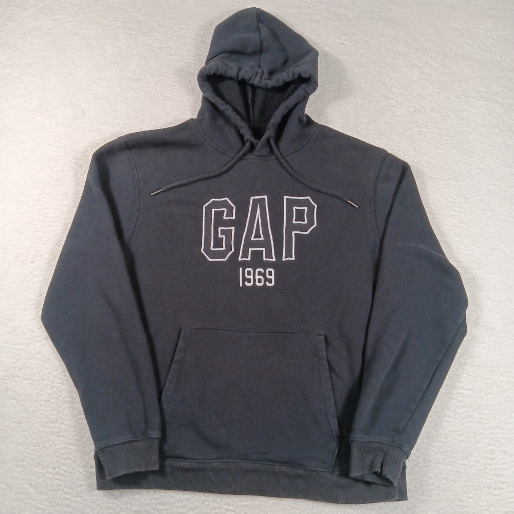 Gap Hoodie Mens Medium Black Fleece Pullover Spellout 1969 Y2K Embroidered